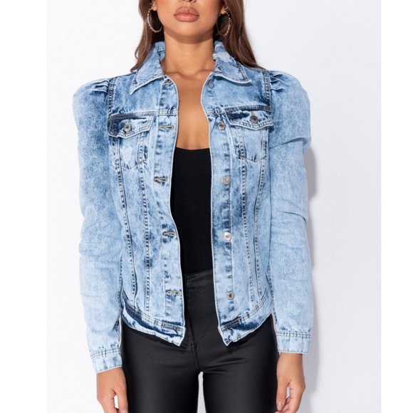 Jackets & Blazers - LAST 1! Acid Wash Long Puff Sleeve Denim Jacket